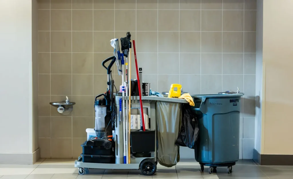 Professioneller Reinigungswagen mit Mopp, Eimern und Reinigungsmitteln in einem Gebäudeflur (Symbolbild)